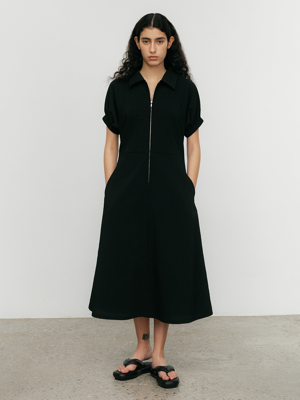 Zipper Long Dress-black
