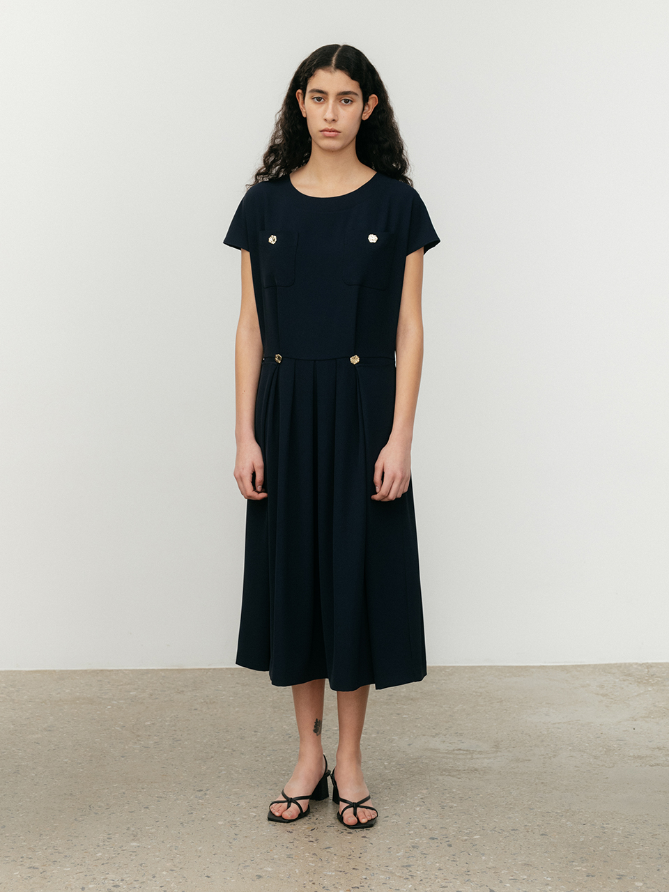 Button Pleated Dress-navy